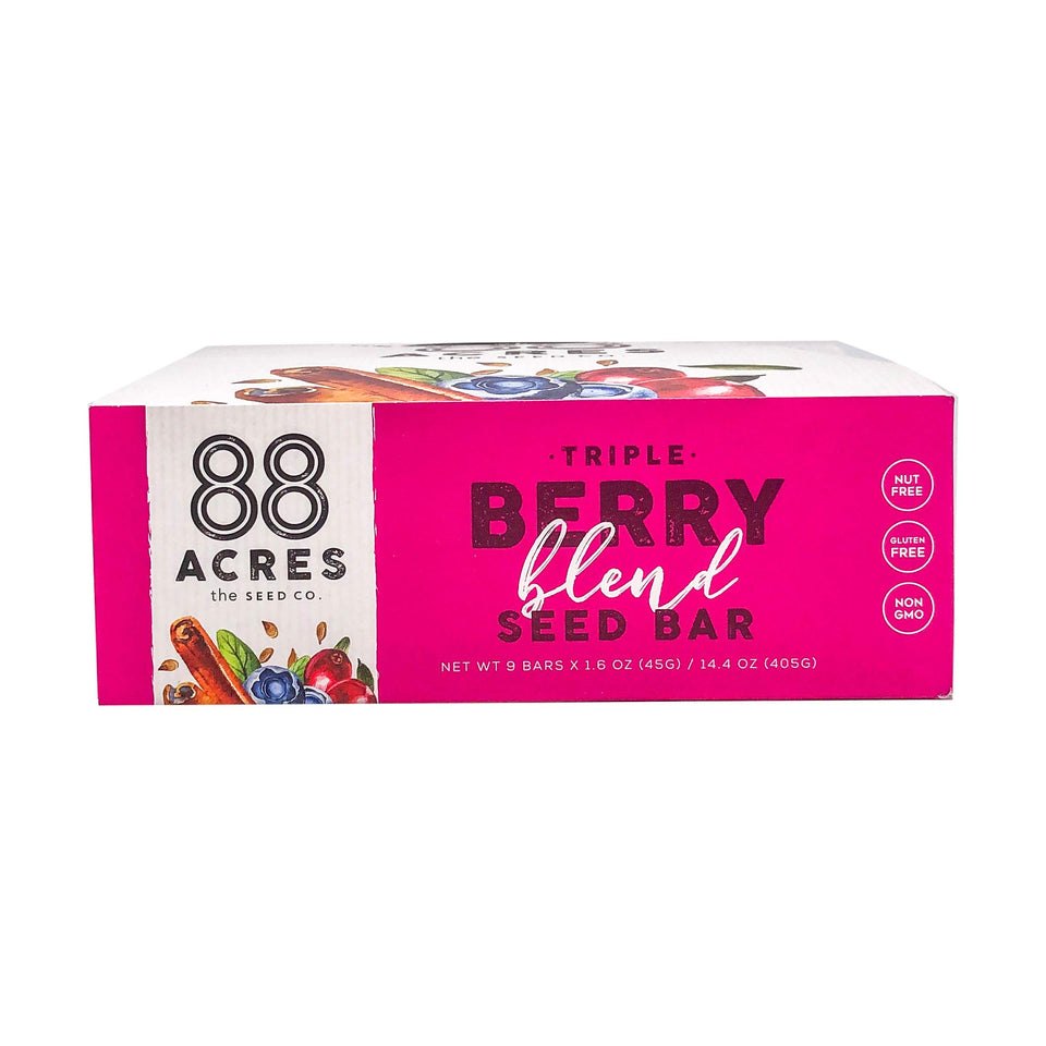 88 Acres Triple Berry Crumble granola bar pack showing chewy texture for on-the-go energy