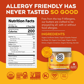 88 Acres sunflower butter ingredients label highlighting organic, allergen-free formula for safe family snacking