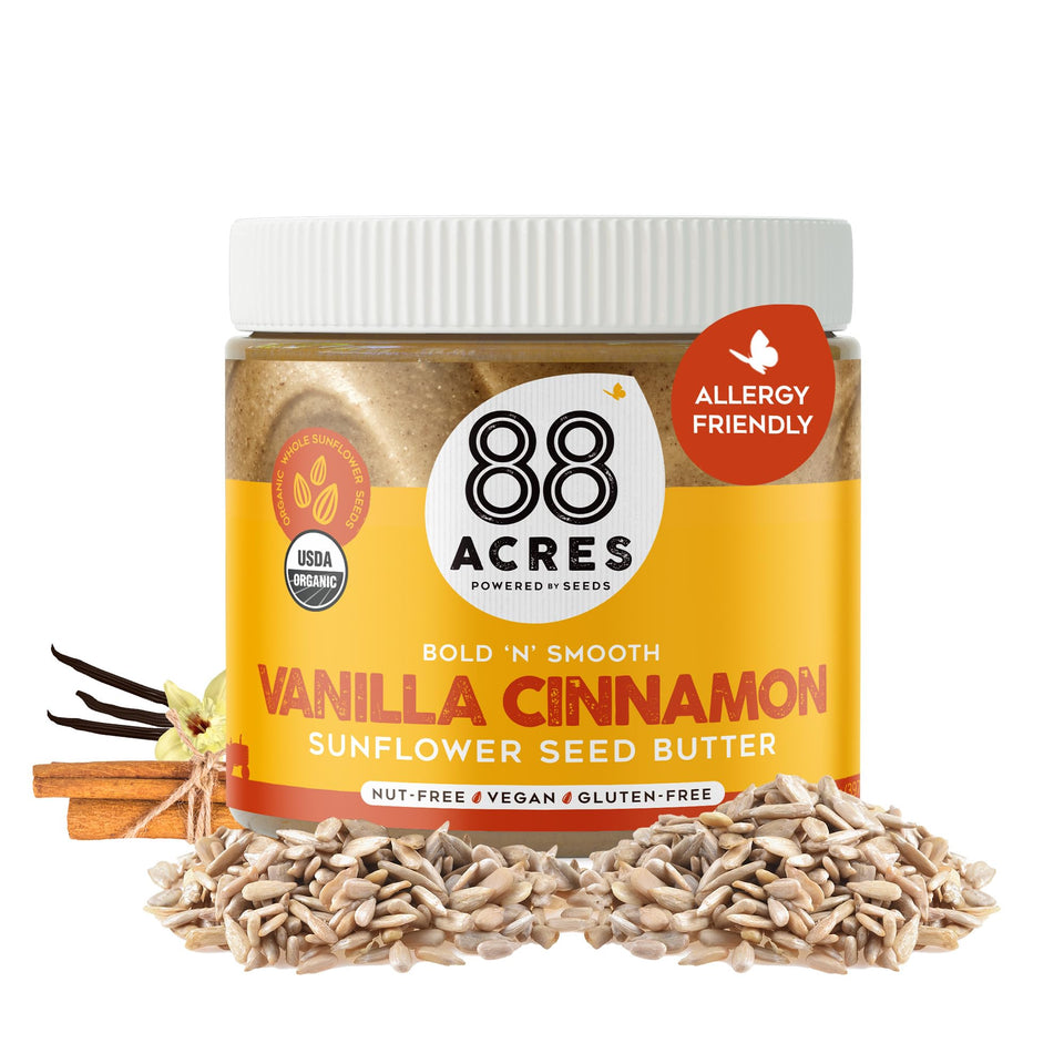 88 Acres Sunflower Butter Vanilla Cinnamon jar ready to spread on toast