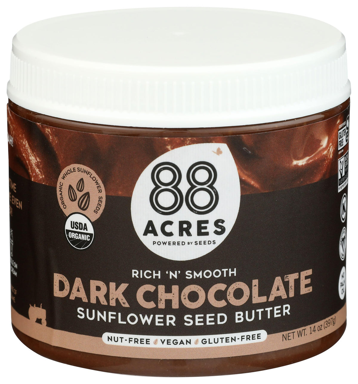 88 Acres Sunflower Seed Butter Chocolate Jar showing rich texture ideal for spreading
