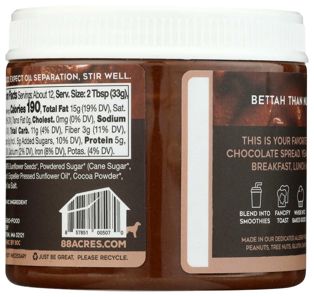 88 Acres Sunflower Seed Butter Chocolate Spoon reveals creamy consistency for quick snacks