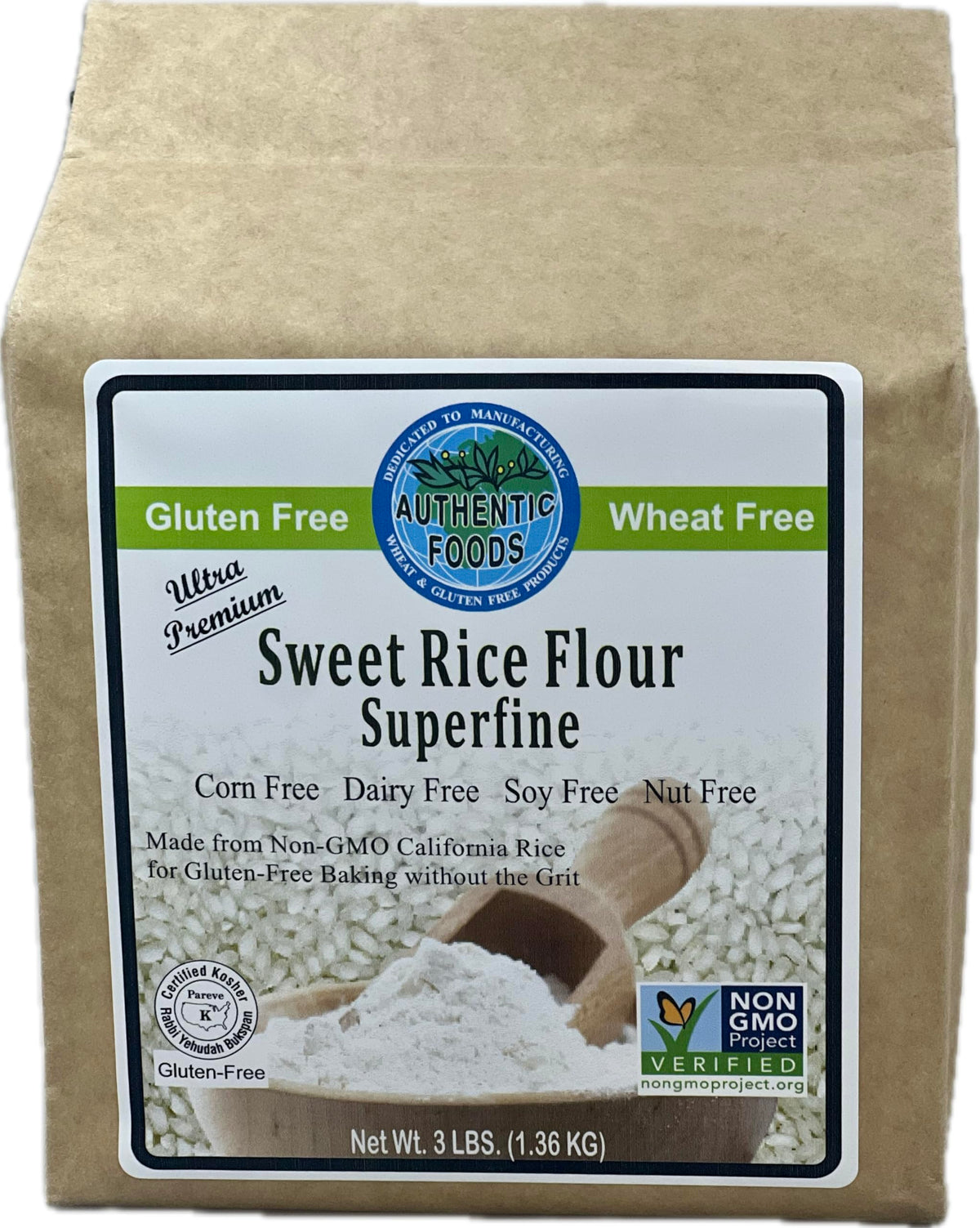 Authentic Foods Superfine Sweet Rice Flour bag ideal for gluten-free baking, thickening, and moisture retention.