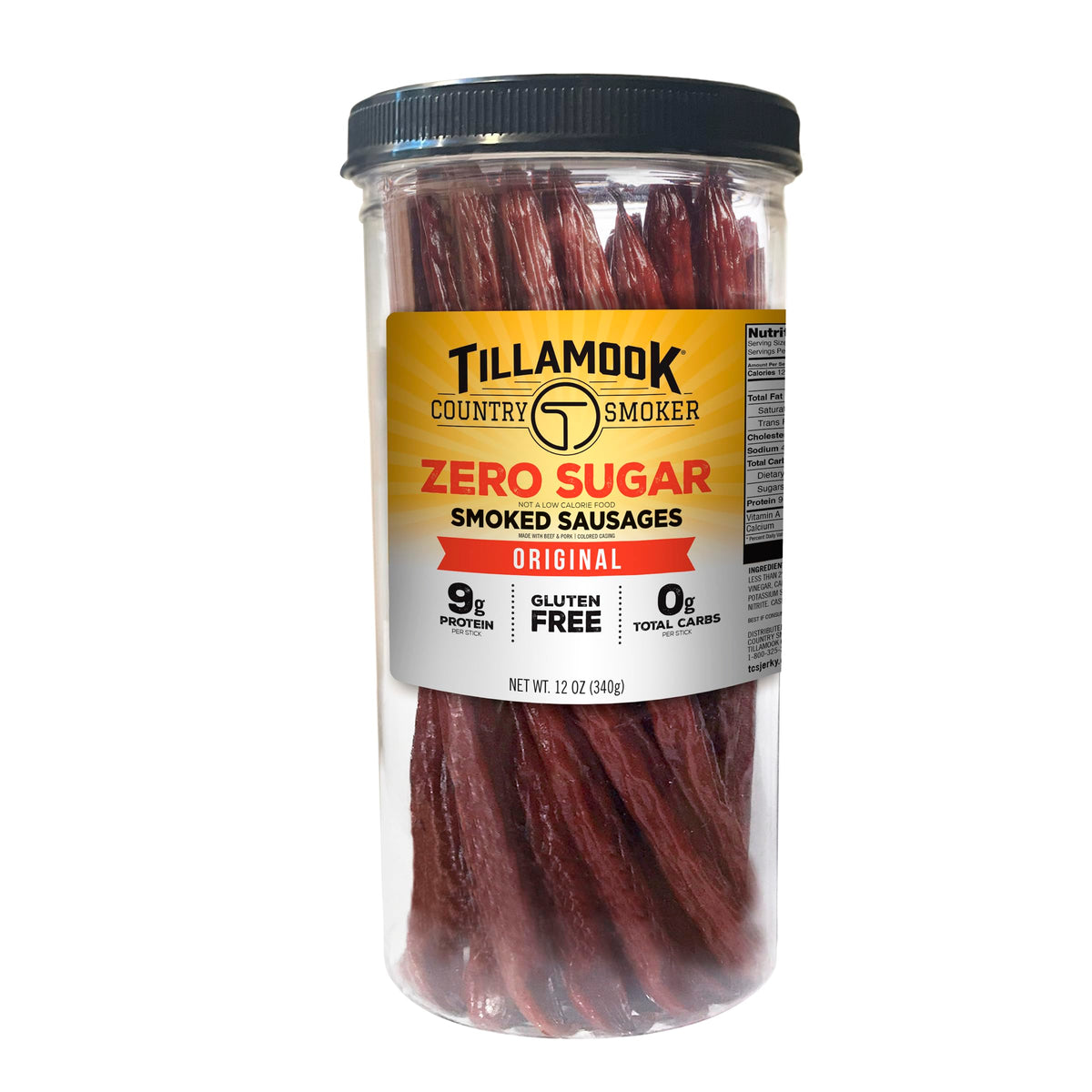 Tillamook Country Smoker Original sausages in tall jar front view, hearty bite highlighted