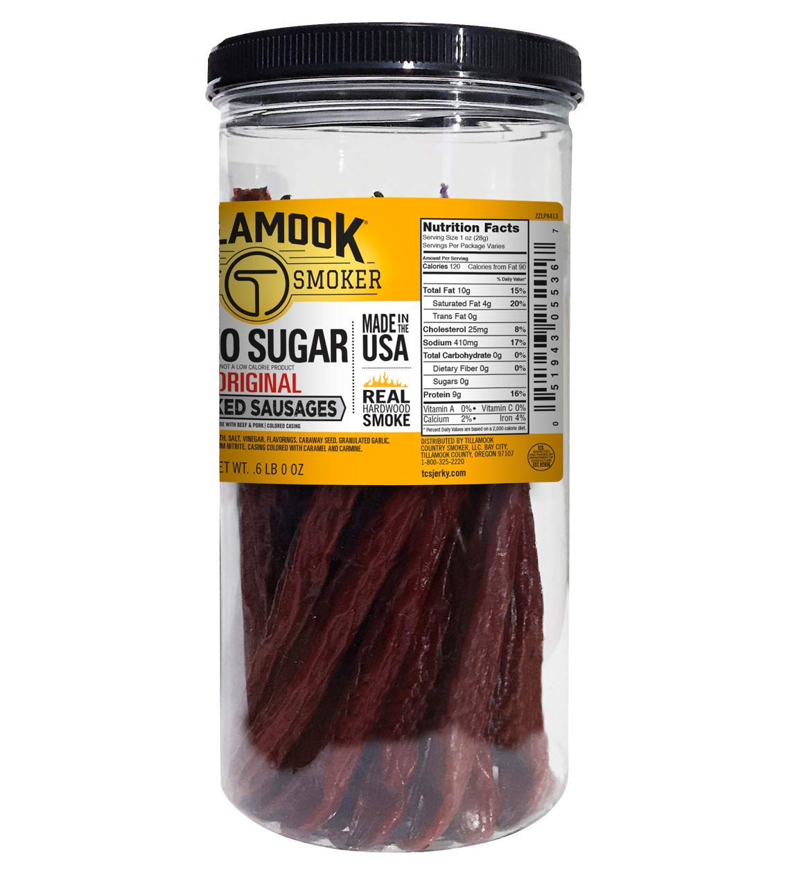 Tillamook Country Smoker Original sausages in tall jar side view, showcasing packaging