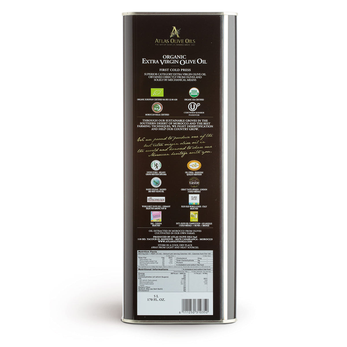 A ATLAS OLIVE OILS organic Moroccan EVOO label highlighting purity