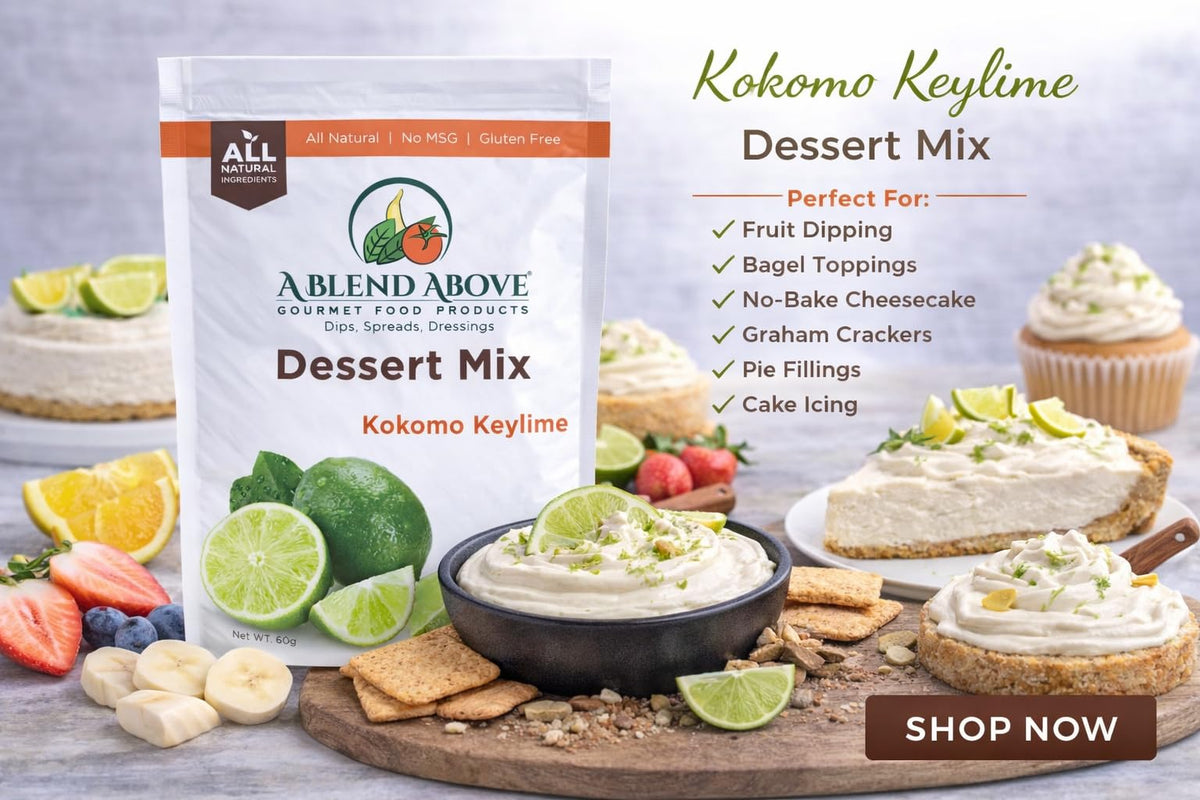 A Blend Above Kokomo Key Lime Pie Mix ingredients highlighting tropical flavors and prep ease