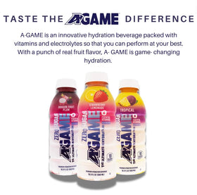 A-GAME Zero Sugar Strawberry Lemonade label close-up highlighting natural flavors