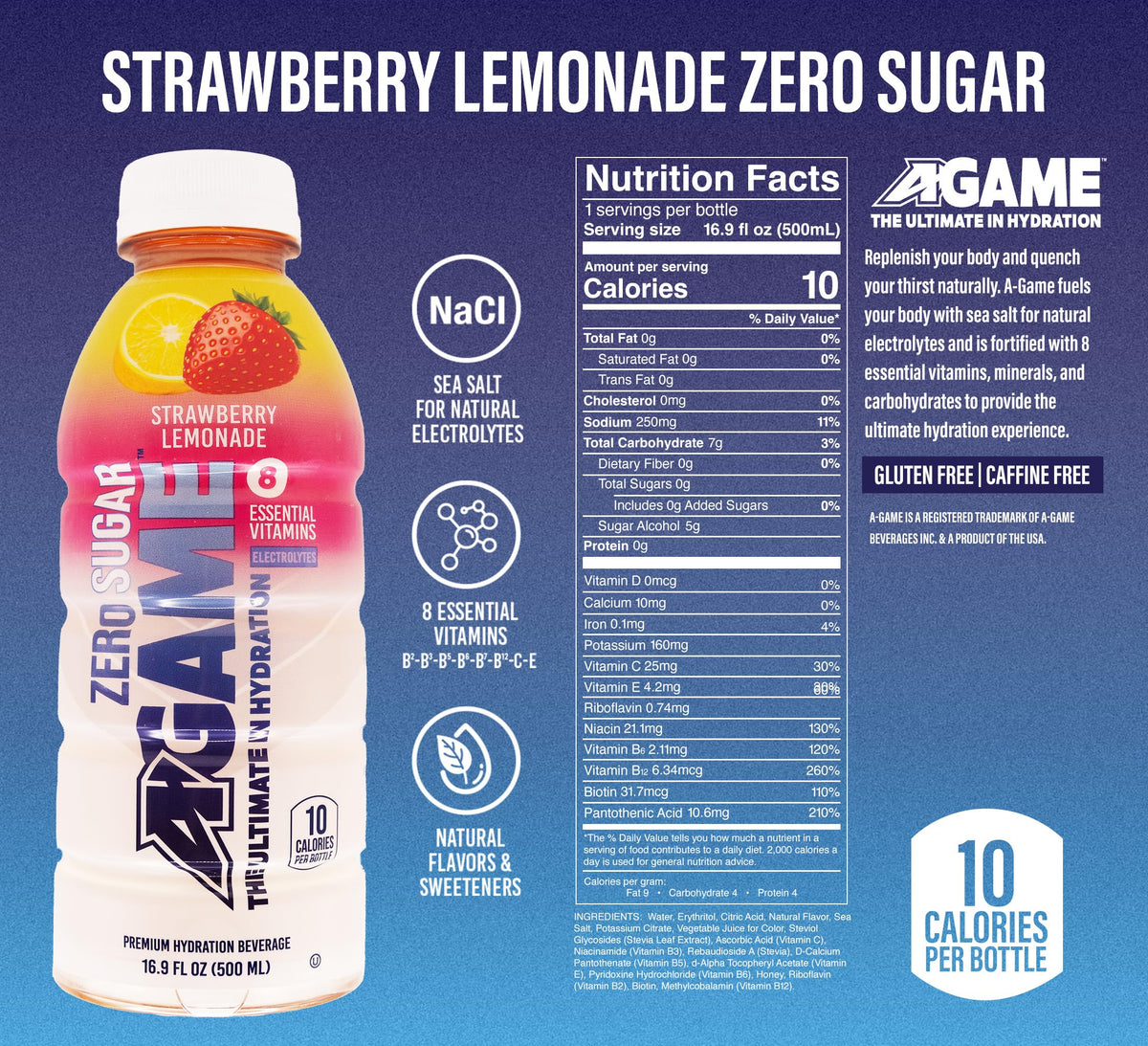 A-GAME Zero Sugar Strawberry Lemonade being poured into a glass for on-the-go hydration