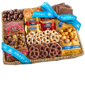 A Gift Inside birthday basket front view with assorted chocolates for celebration