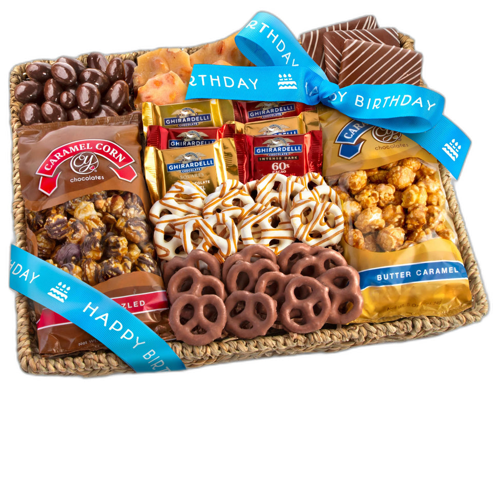 A Gift Inside birthday basket front view with assorted chocolates for celebration