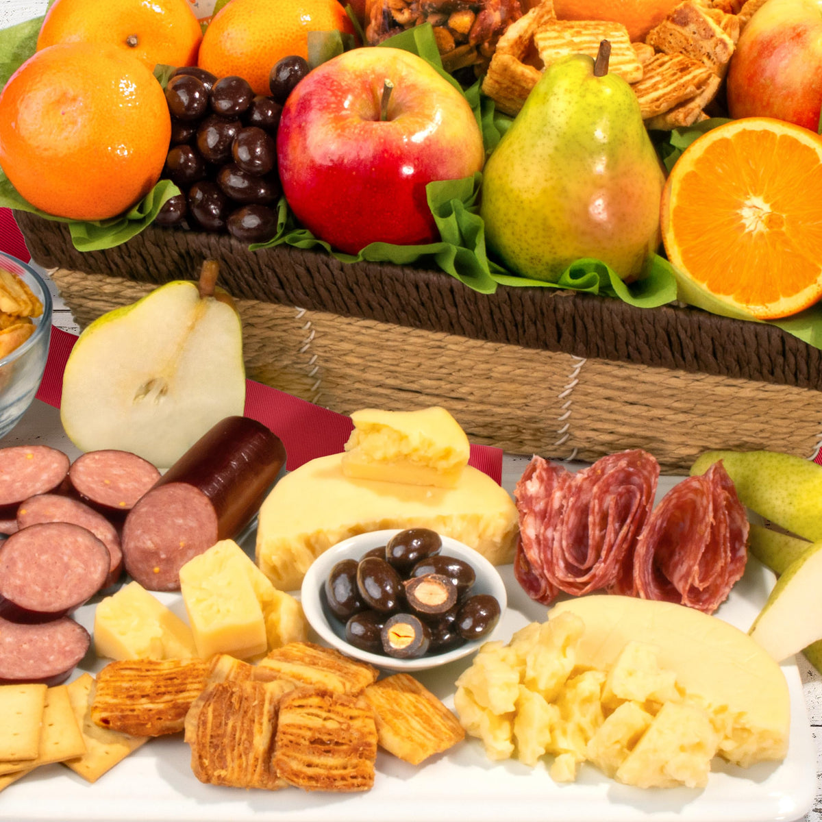 A Gift Inside charcuterie selection with salami, Gouda, and mustard for a ready-to-share board.