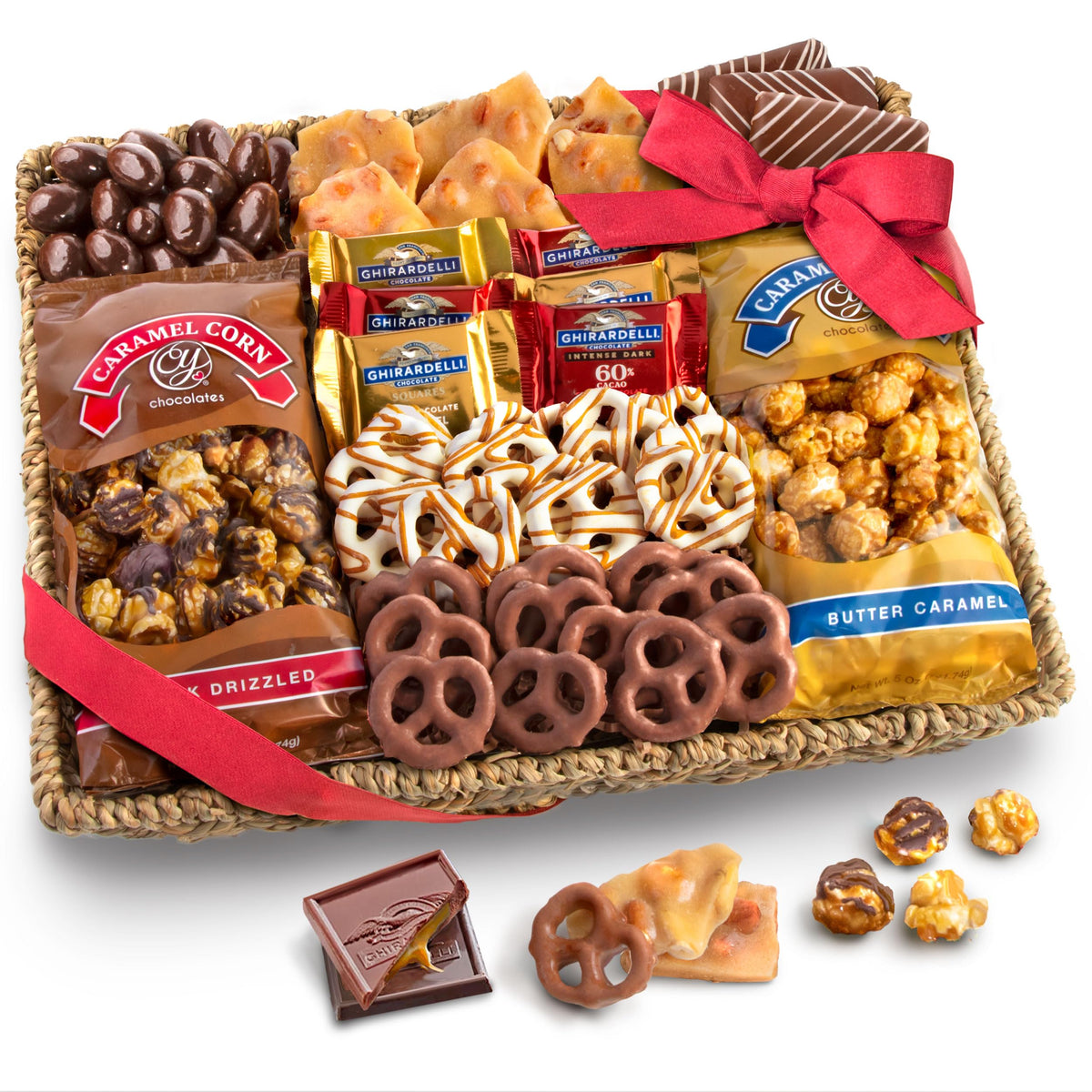 A Gift Inside chocolate caramel crunch gift basket ready for gifting.