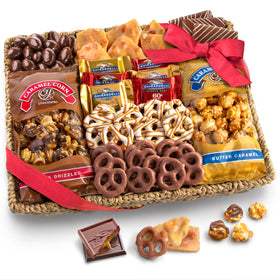 A Gift Inside chocolate caramel crunch gift basket ready for gifting.