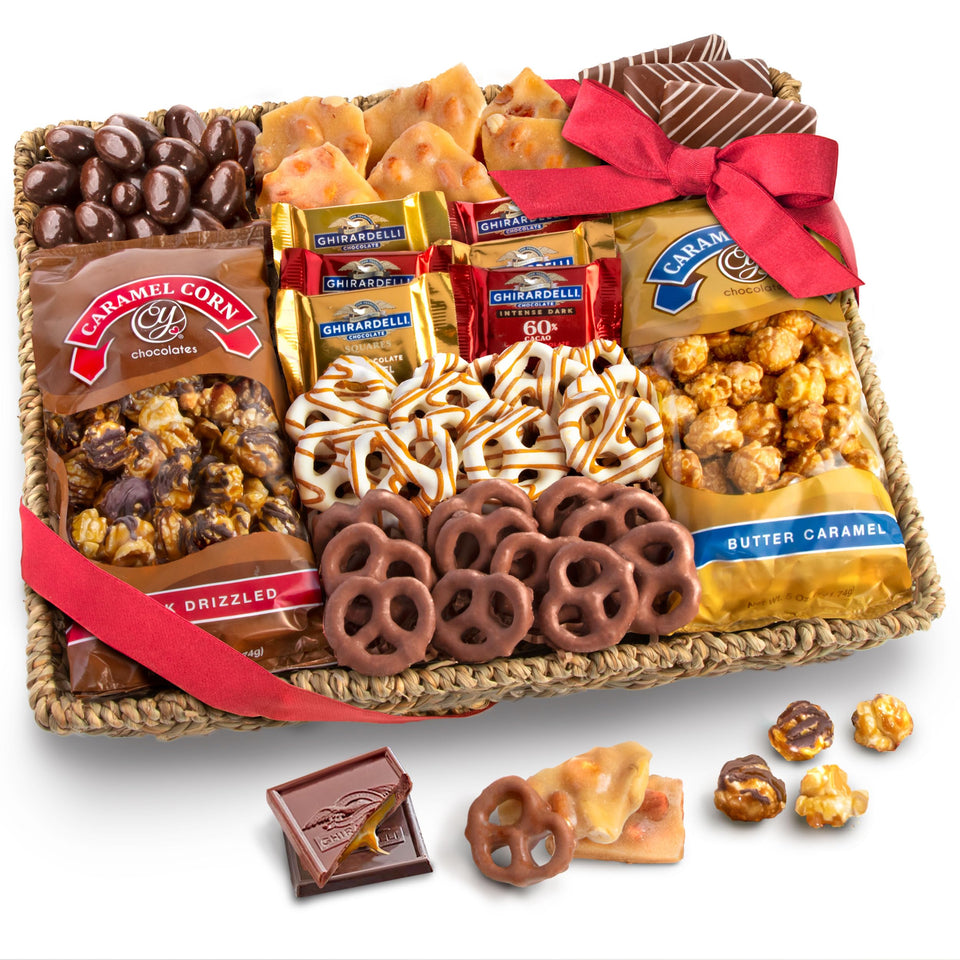A Gift Inside chocolate caramel crunch gift basket ready for gifting.