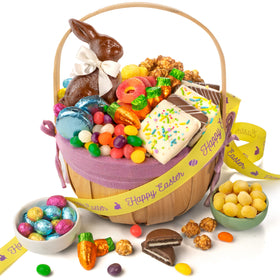 A Gift Inside Easter basket with chocolate bunny centerpiece and festive presentation.