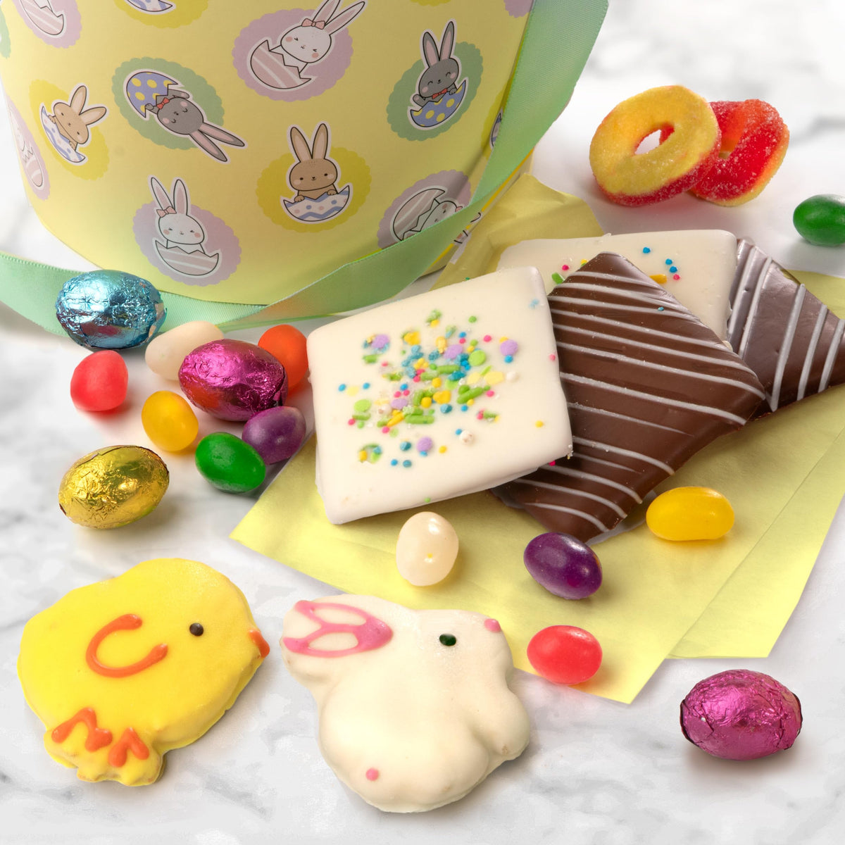 Foil wrapped eggs add sparkle to the A Gift Inside Easter basket
