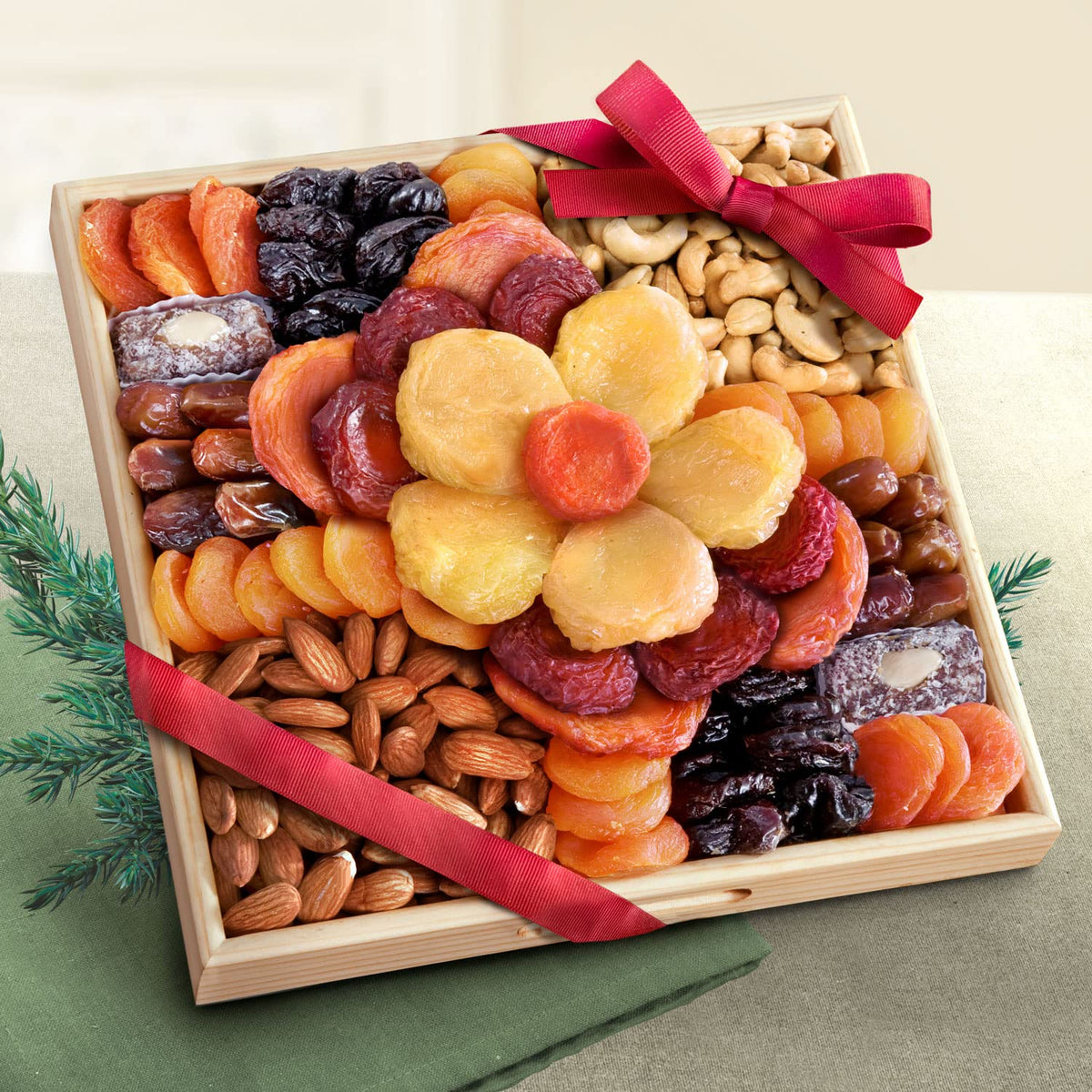 A Gift Inside Flora dried fruit tray close-up nuts, almonds and cashews