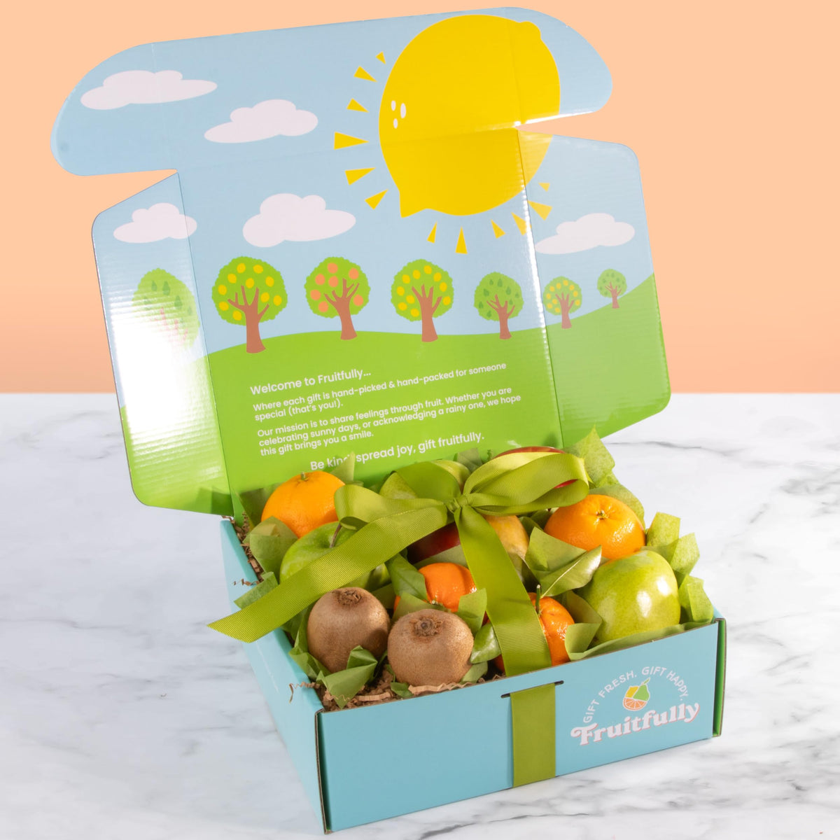 A Gift Inside fruit basket with bow ready to gift