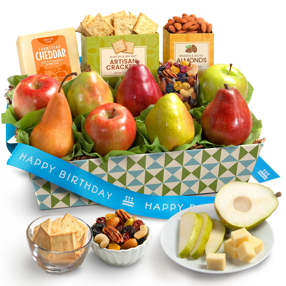 A Gift Inside Fruitfully Classic Birthday Fruit Basket with ripe pears and apples for festive gifting.