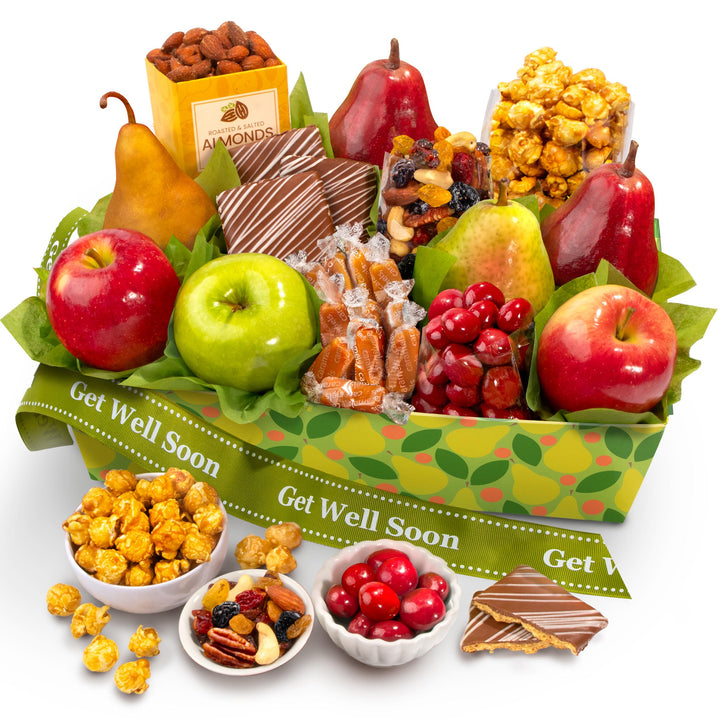 A Gift Inside Orchard Delight basket tray with fresh fruit, ready for gifting.