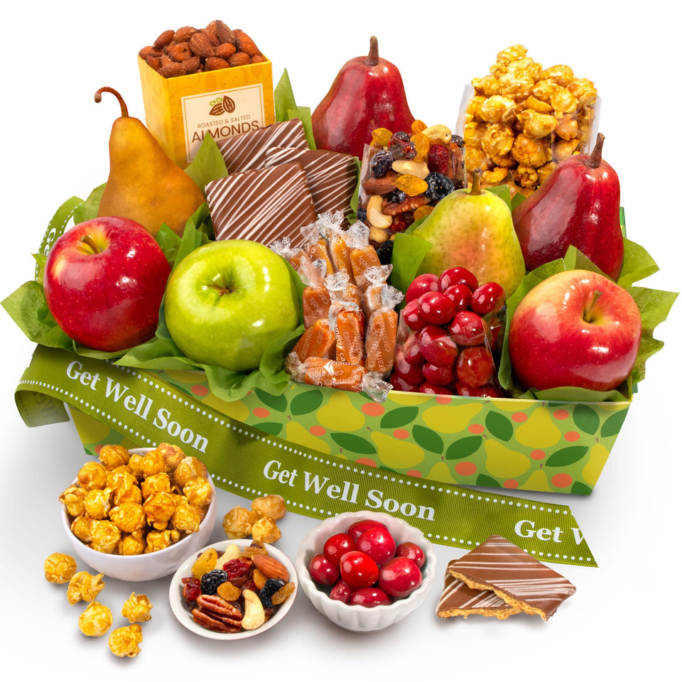 A Gift Inside Orchard Delight basket tray with fresh fruit, ready for gifting.