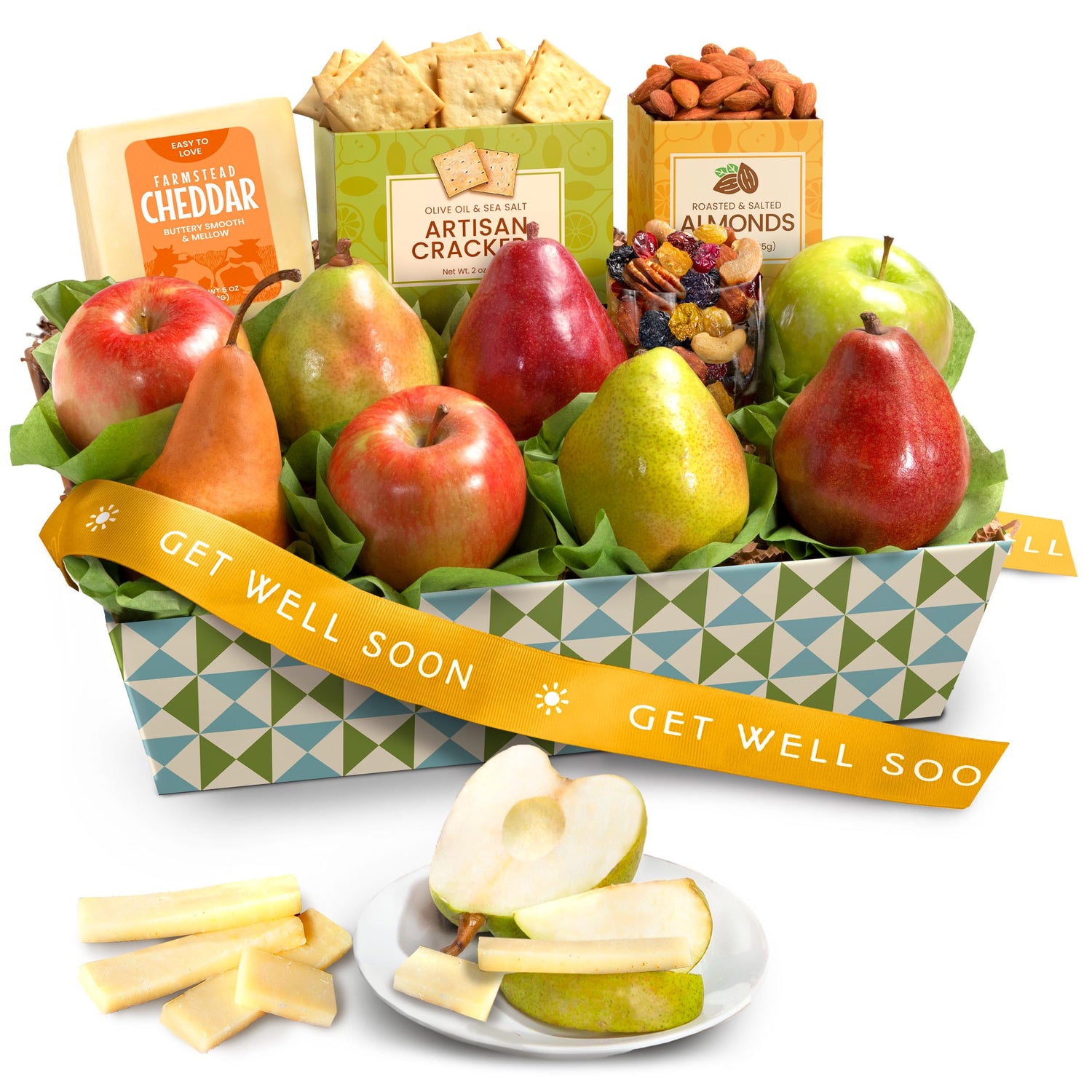A Gift Inside Get Well Soon cheese and nuts basket with varied orchard fruits ready for sharing