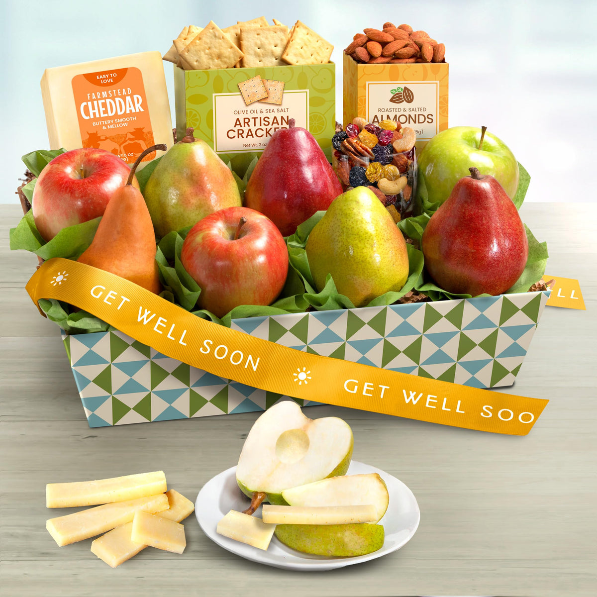 Get Well Soon cheese in the basket with crackers for pairing