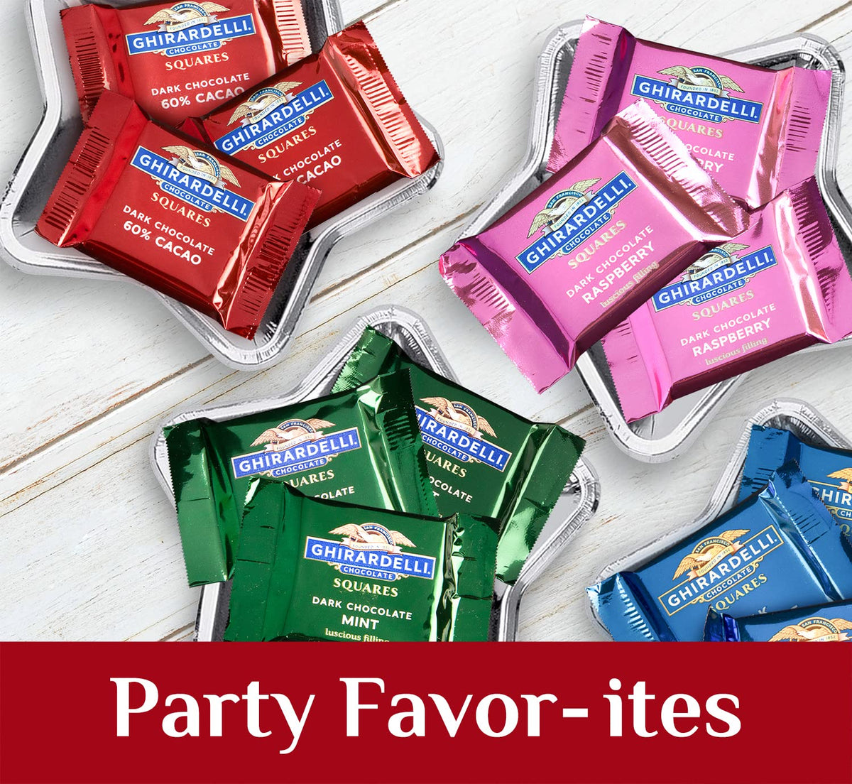 Twelve assorted Ghirardelli Squares for a diverse chocolate tasting.