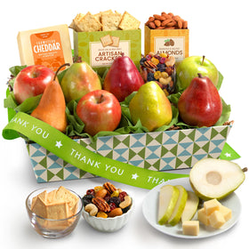 A Gift Inside Golden State fruit basket with cheddar cheese, ideal for thank-you gifts.