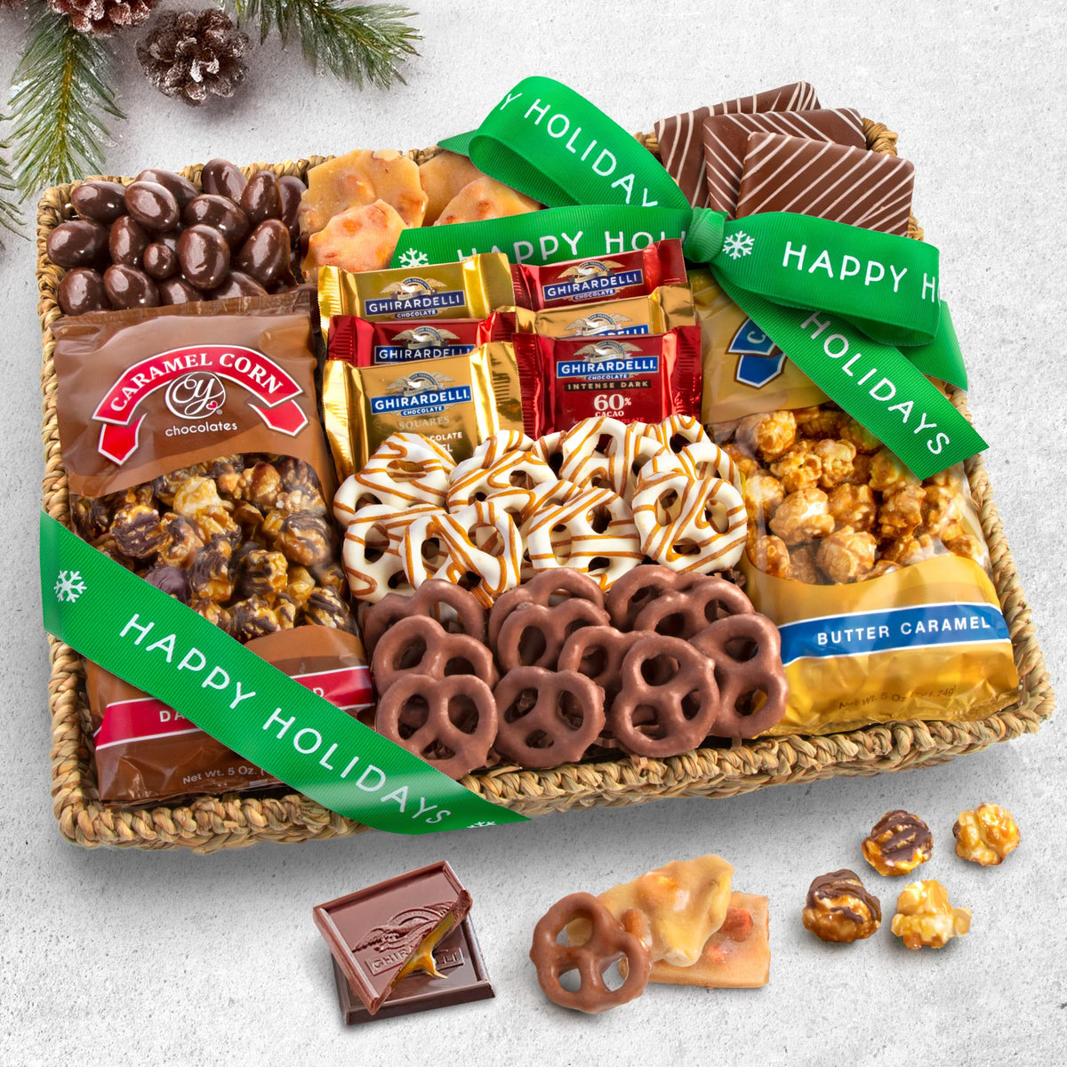 A Gift Inside caramel corn in the basket, ideal for office treats and celebrations.