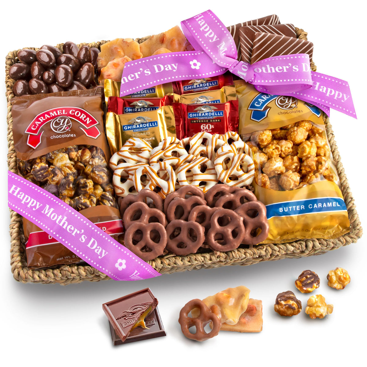 A Gift Inside Happy Mother's Day basket with festive ribbon offering a shareable gourmet treat experience.