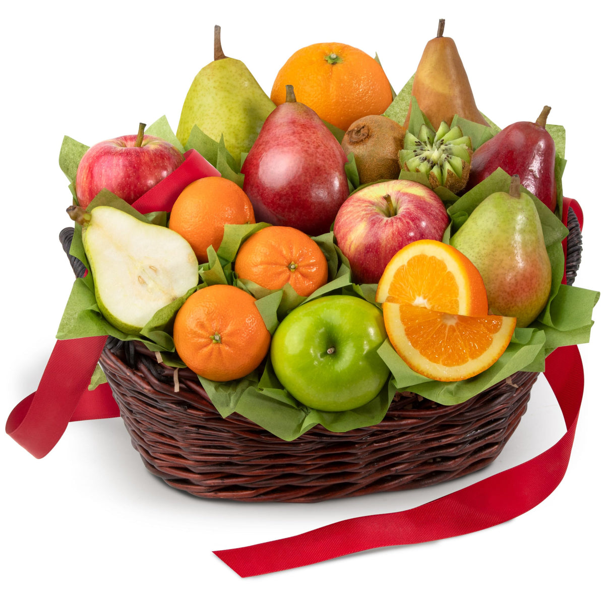 A Gift Inside Harvest Gold basket contents with fresh pears and citrus for gifting.