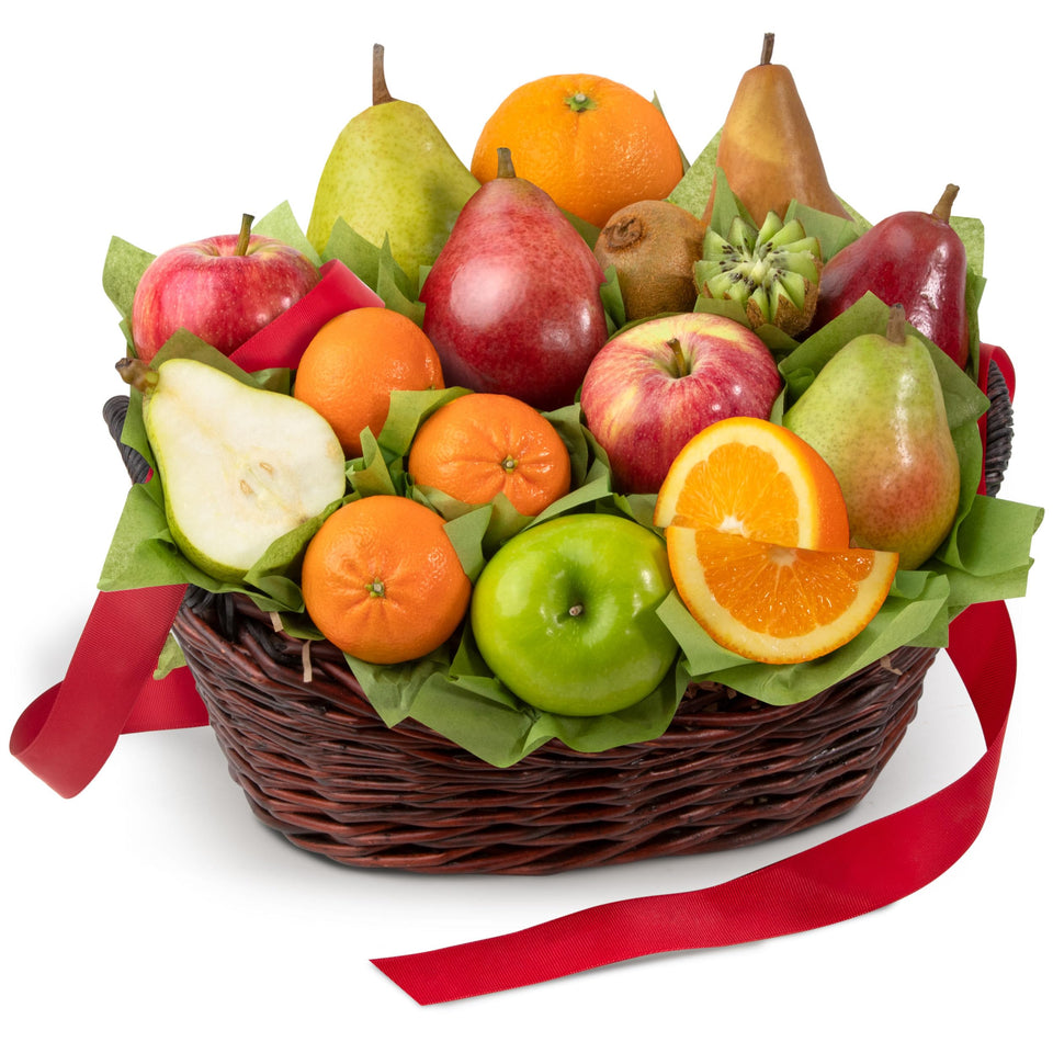 A Gift Inside Harvest Gold basket contents with fresh pears and citrus for gifting.
