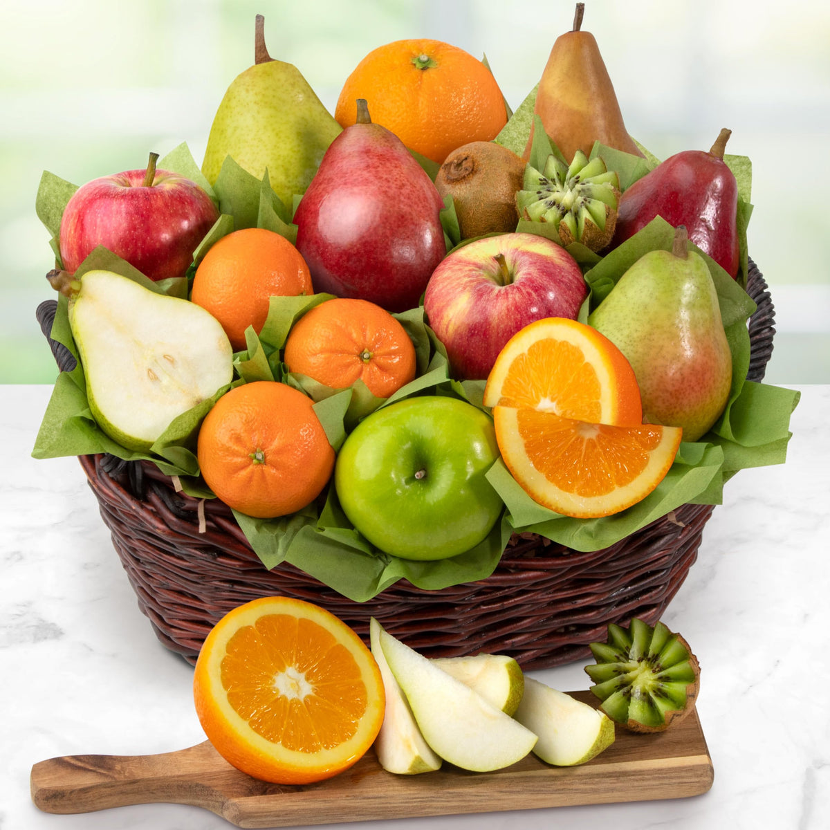 A Gift Inside Harvest Gold pear varieties display with D'Anjou and Beurre Bosc for tasting.