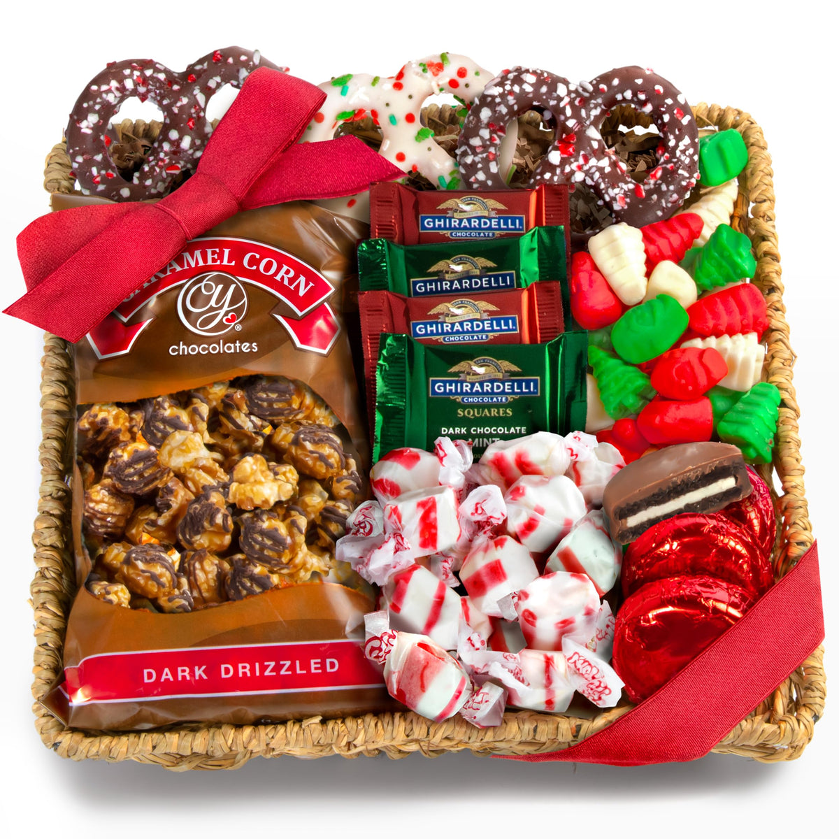 A Gift Inside holiday chocolate basket offers a festive centerpiece gift.