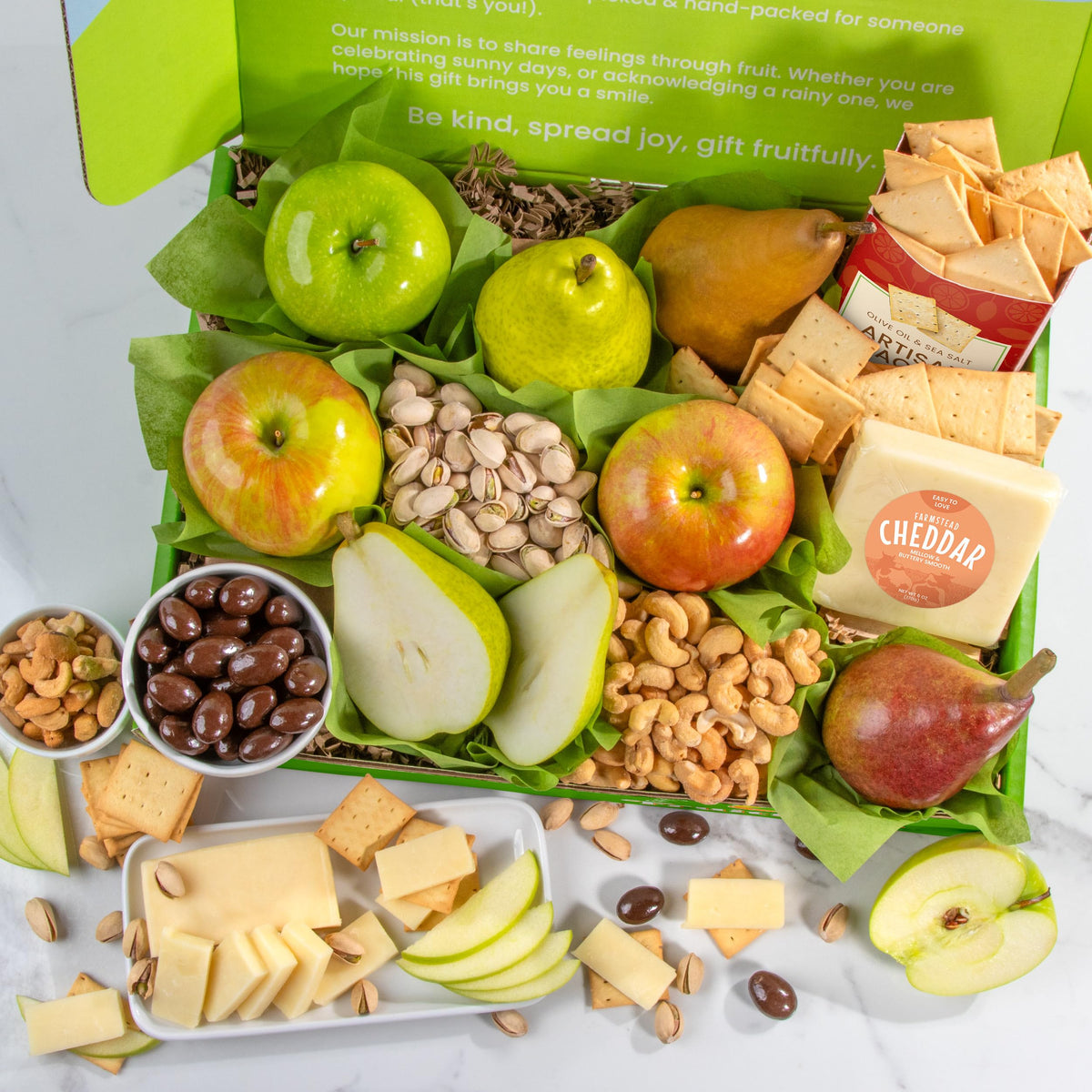 A Gift Inside Green Label Gouda with crackers highlights gourmet texture and balance.