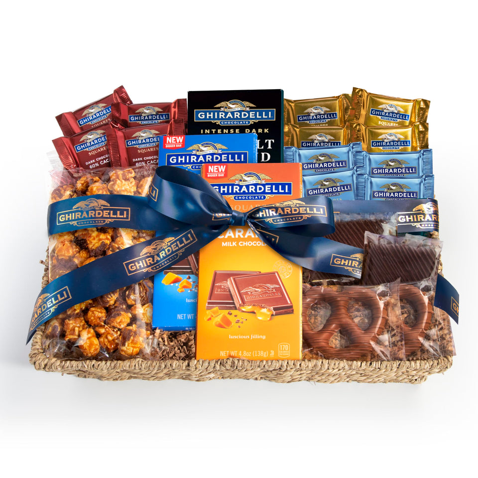 A Gift Inside Signature Ghirardelli Gift Basket in a keepsake seagrass basket for celebrations.
