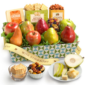 A Gift Inside Sympathy Fruit Basket tin shows a keepsake condolence gift presentation.