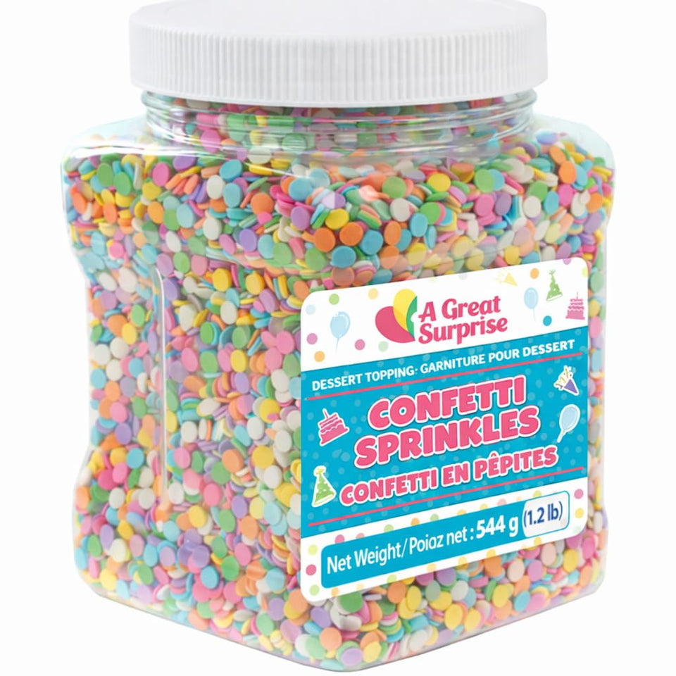 A Great Surprise Birthday Confetti Sprinkles on a colorful bowl, ideal for decorating cookies