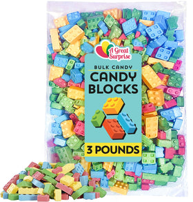 A Great Surprise building-block candies collection bag with vivid colors for playful snacking.