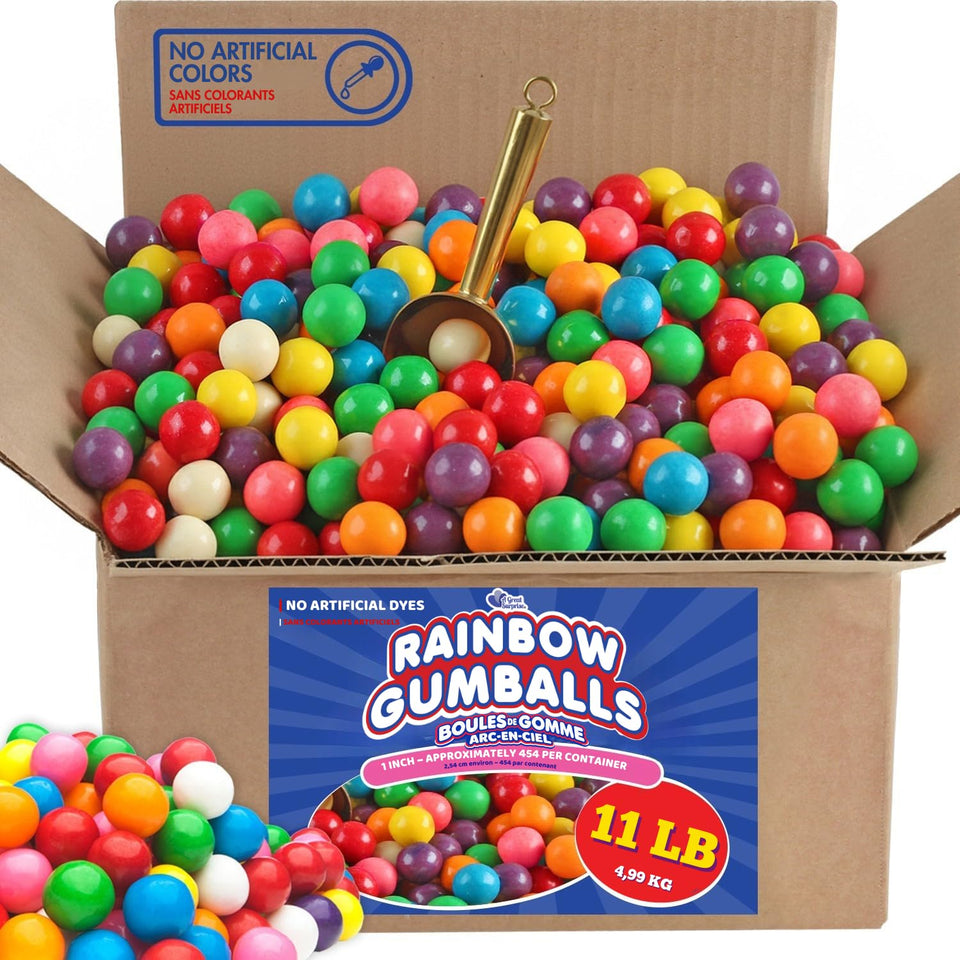 A Great Surprise bulk rainbow gumballs in a vending machine showing vibrant colors