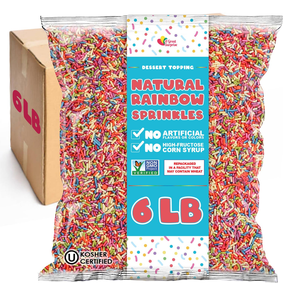 A Great Surprise 6lb bulk dye-free rainbow sprinkles in a bag for baking