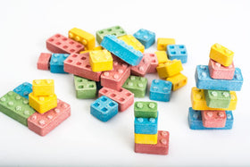 A Great Surprise candy bricks closeup showing bright colors for party favors.