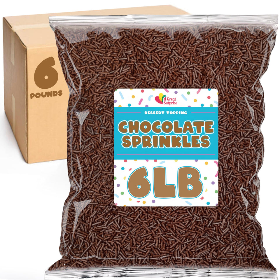A Great Surprise chocolate sprinkles 6lb tub adds rich flavor and texture to desserts