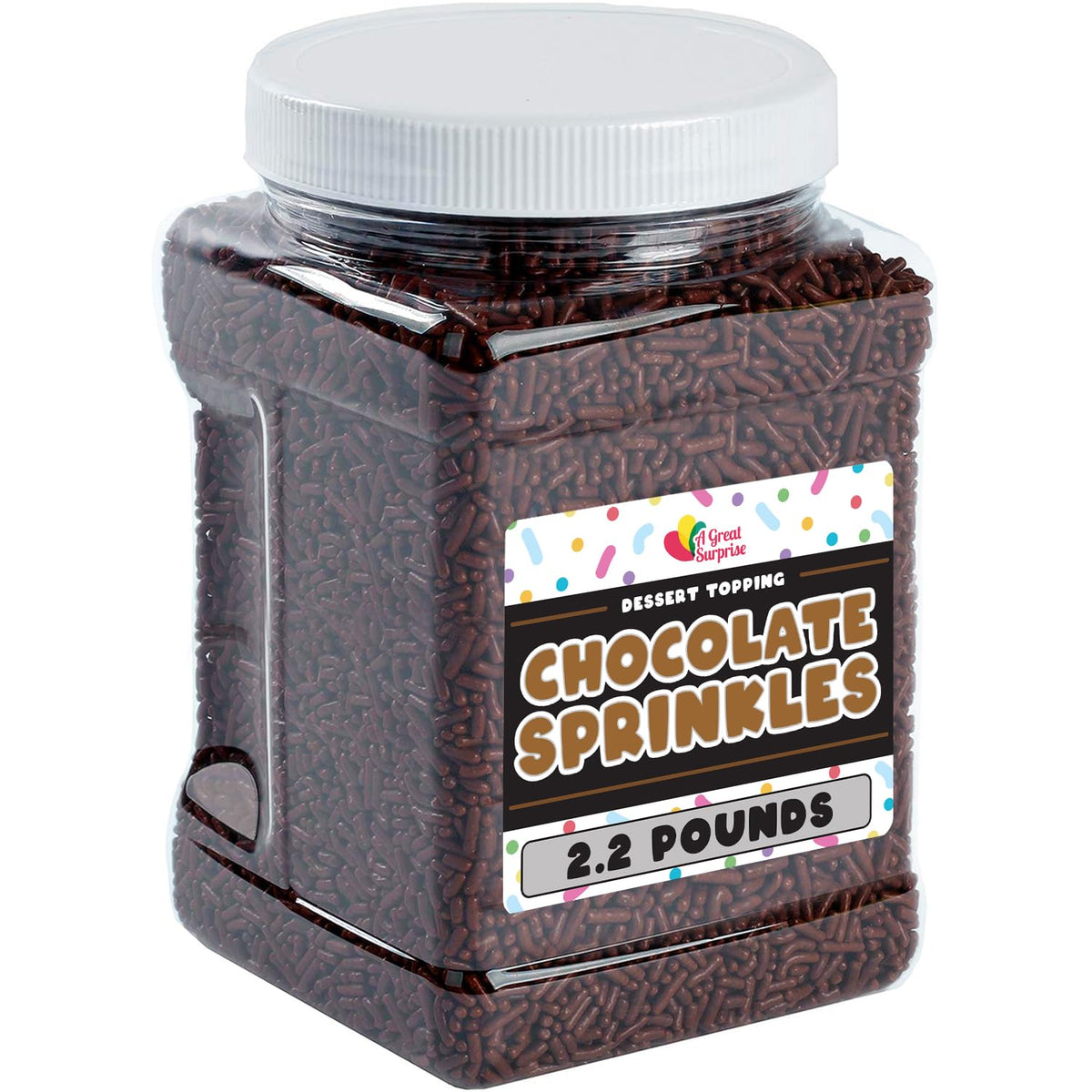 A Great Surprise chocolate sprinkles bulk container for big batches and party desserts.