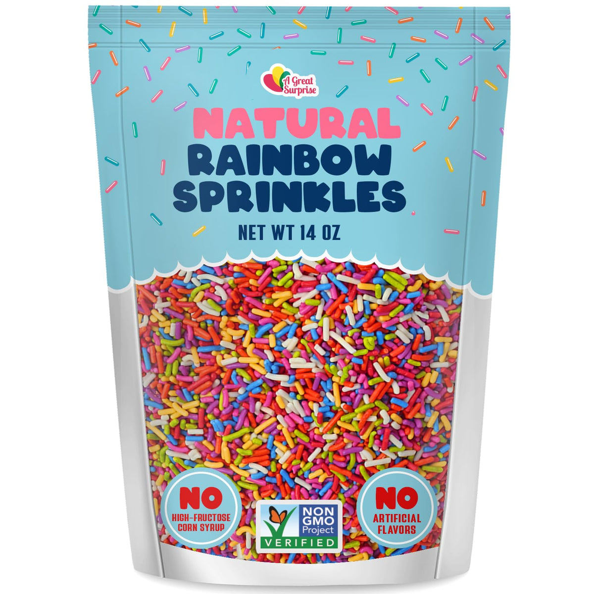 A Great Surprise dye-free rainbow sprinkles front pack showing vibrant natural colors.