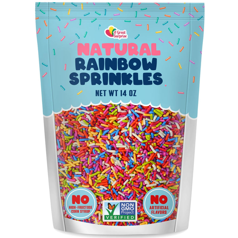 A Great Surprise dye-free rainbow sprinkles front pack showing vibrant natural colors.