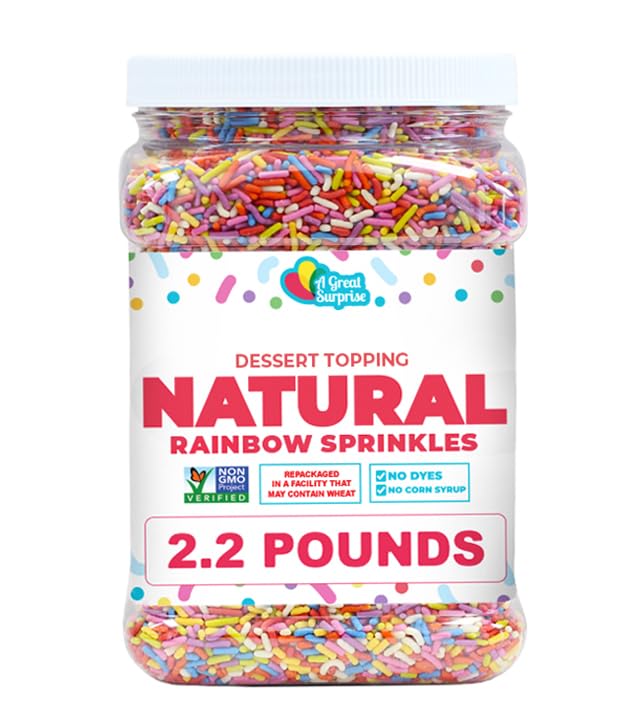 A Great Surprise dye-free rainbow sprinkles close-up shows natural colors for kid-friendly desserts.