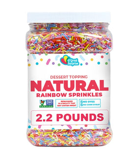 A Great Surprise dye-free rainbow sprinkles close-up shows natural colors for kid-friendly desserts.