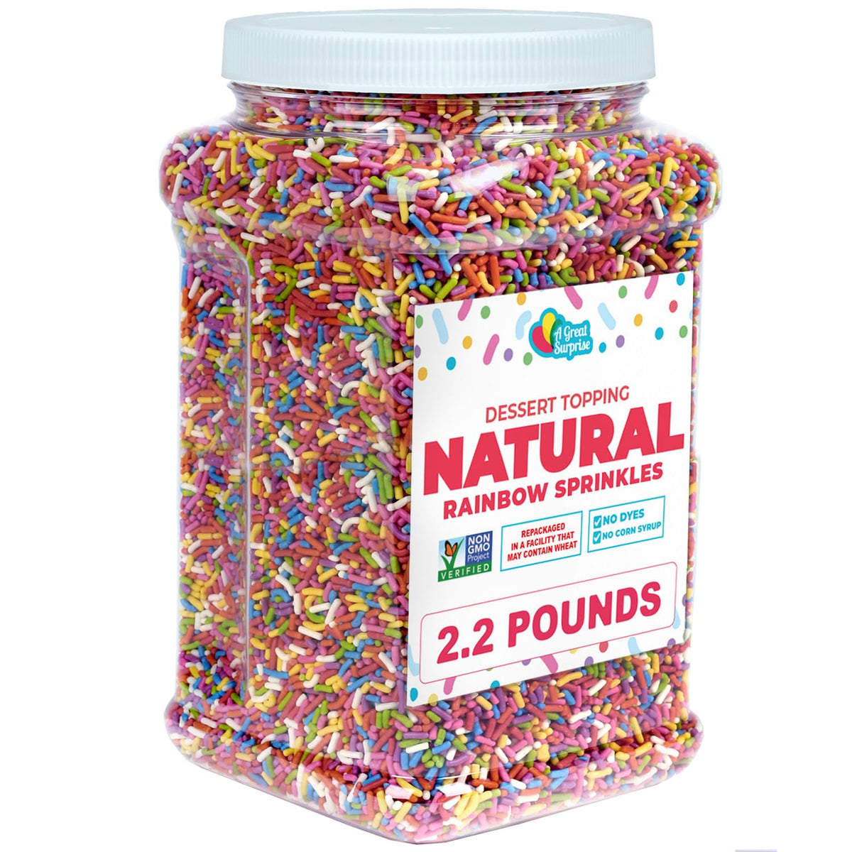 A Great Surprise dye-free rainbow sprinkles in a 2.2 lb container for vibrant, safe baking.